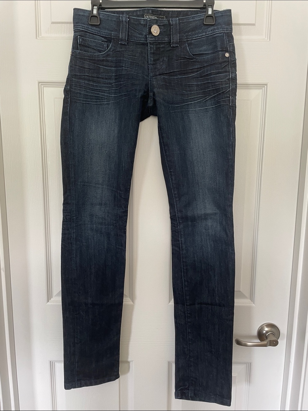 GUESS Premium Daredevil Dark Indigo Skinny Jeans with Crystal Branded Button